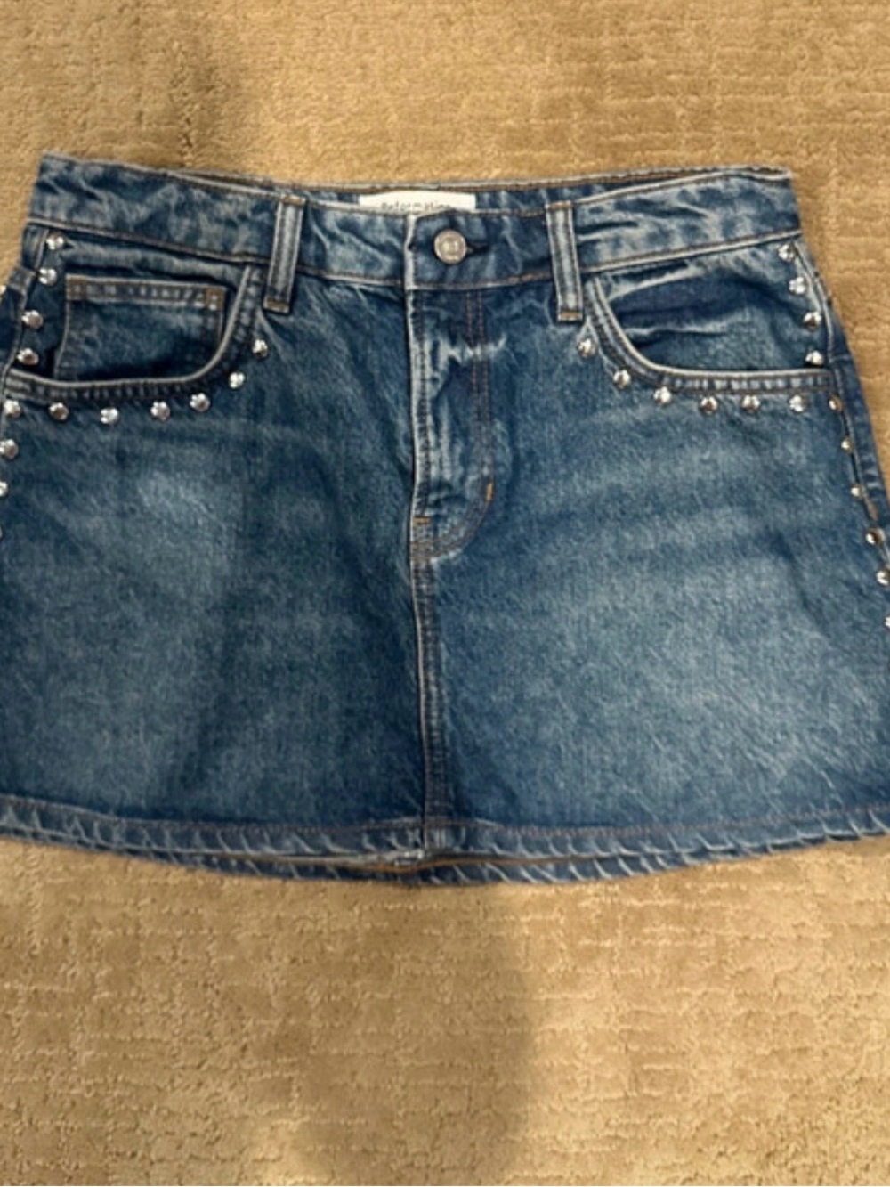 Reformation Blue Denim Mini Skirt with Stud Detailing